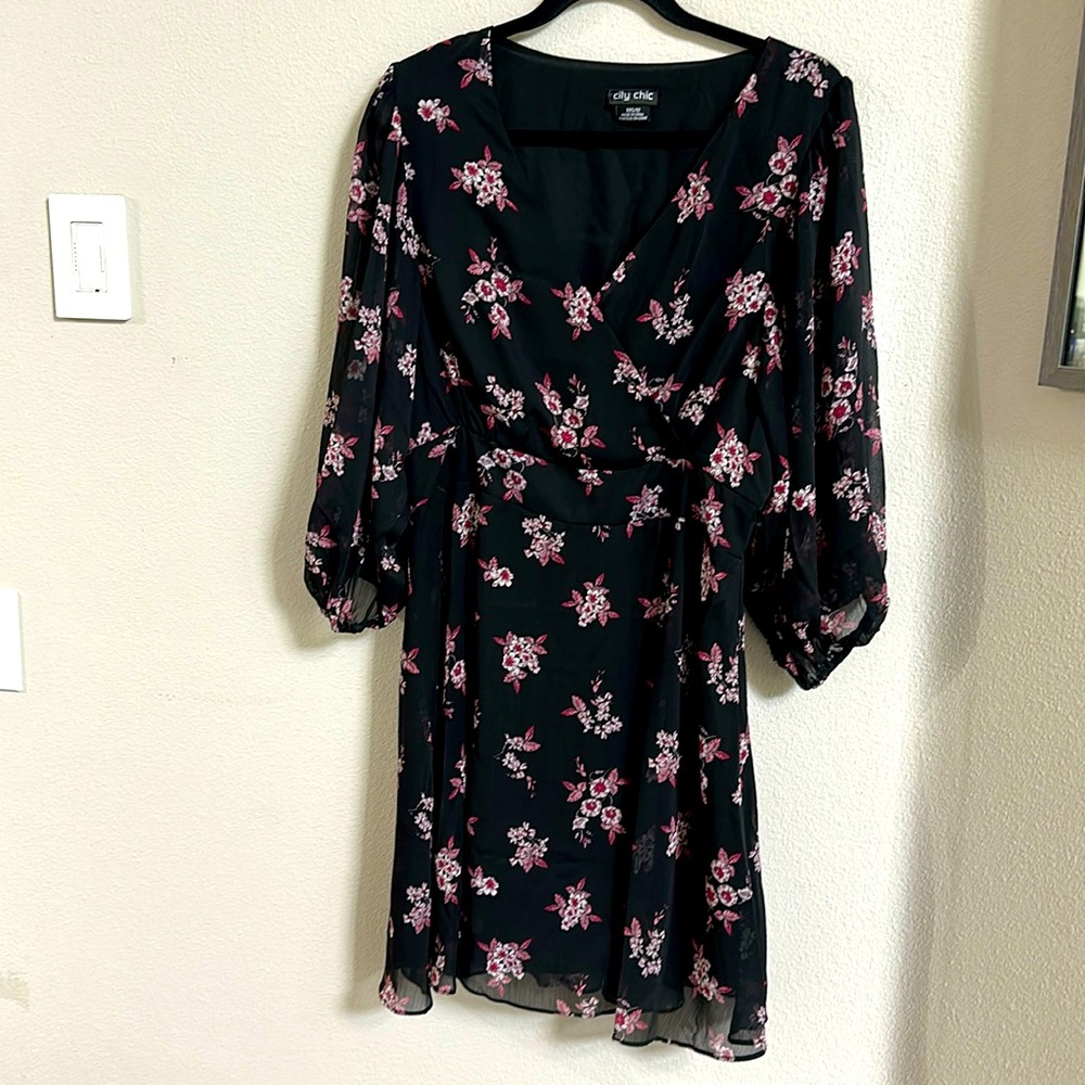 City Chic Black and Pink Floral Long Sleeve Dress